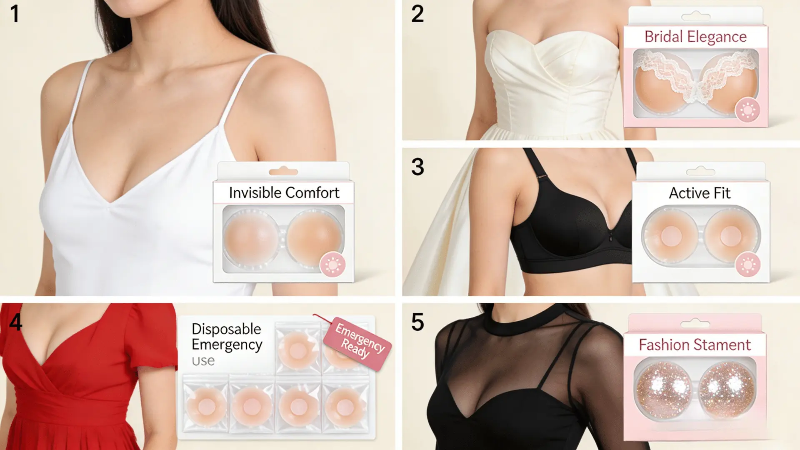 Five main use scenarios for custom nipple covers including daily wear, bridal, active, disposable, and novelty Five main use scenarios for custom nipple covers including daily wear, bridal, active, disposable, and novelty